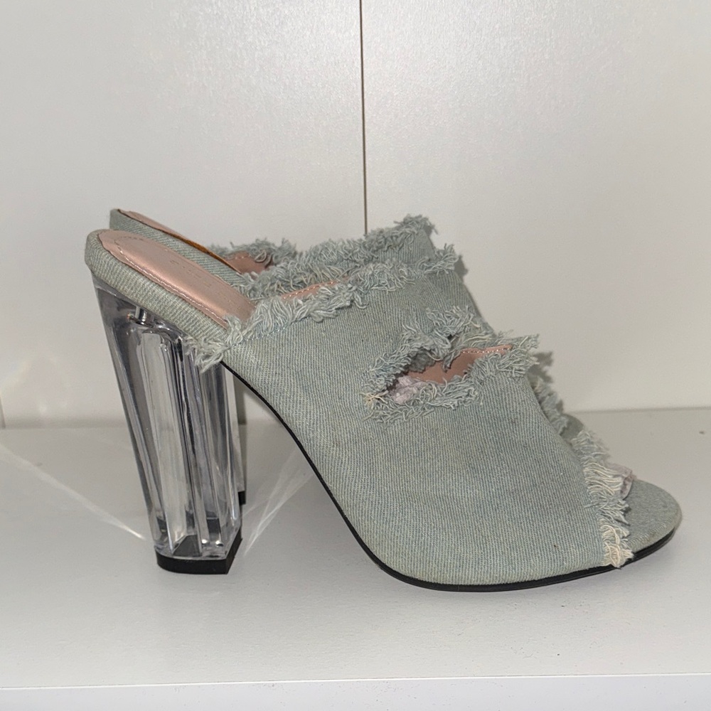 Shoe Republic LA Frayed Light Denim Mules with Clear Block Heel